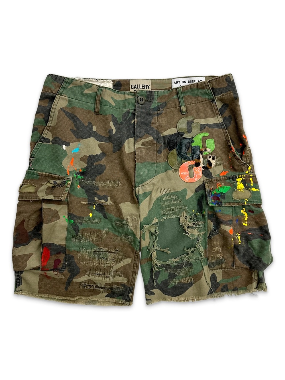 Camouflage Cargo Shorts with Multicolor Paint Accents